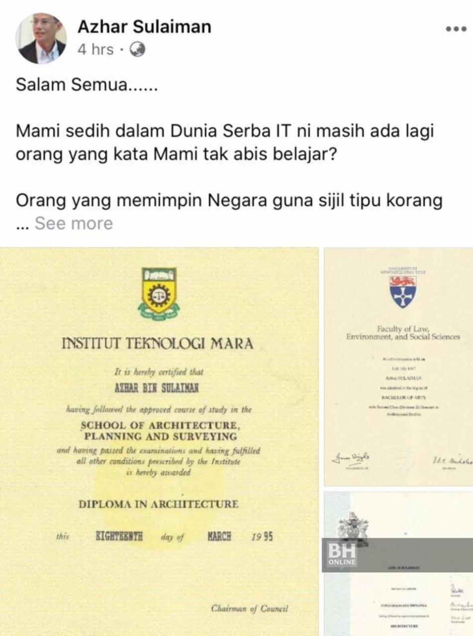 Azhar menunjukkan salinan ijazah dan diploma dimilikinya bagi menjawab kecaman netizen. Foto FB Azhar Sulaiman